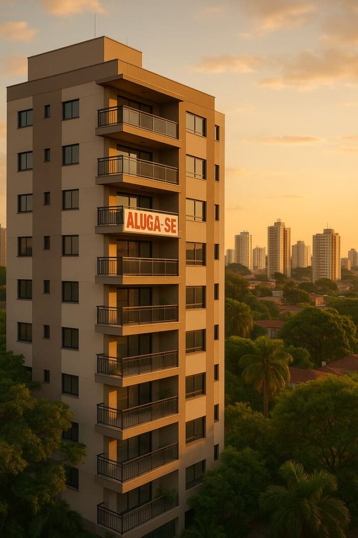 Prédio de apartamentos moderno com placa 'Aluga-se' em Londrina, Brasil, cercado por vegetação exuberante e paisagem urbana vibrante, capturado durante a hora dourada. Aluguel de imóveis em alta em Londrina.