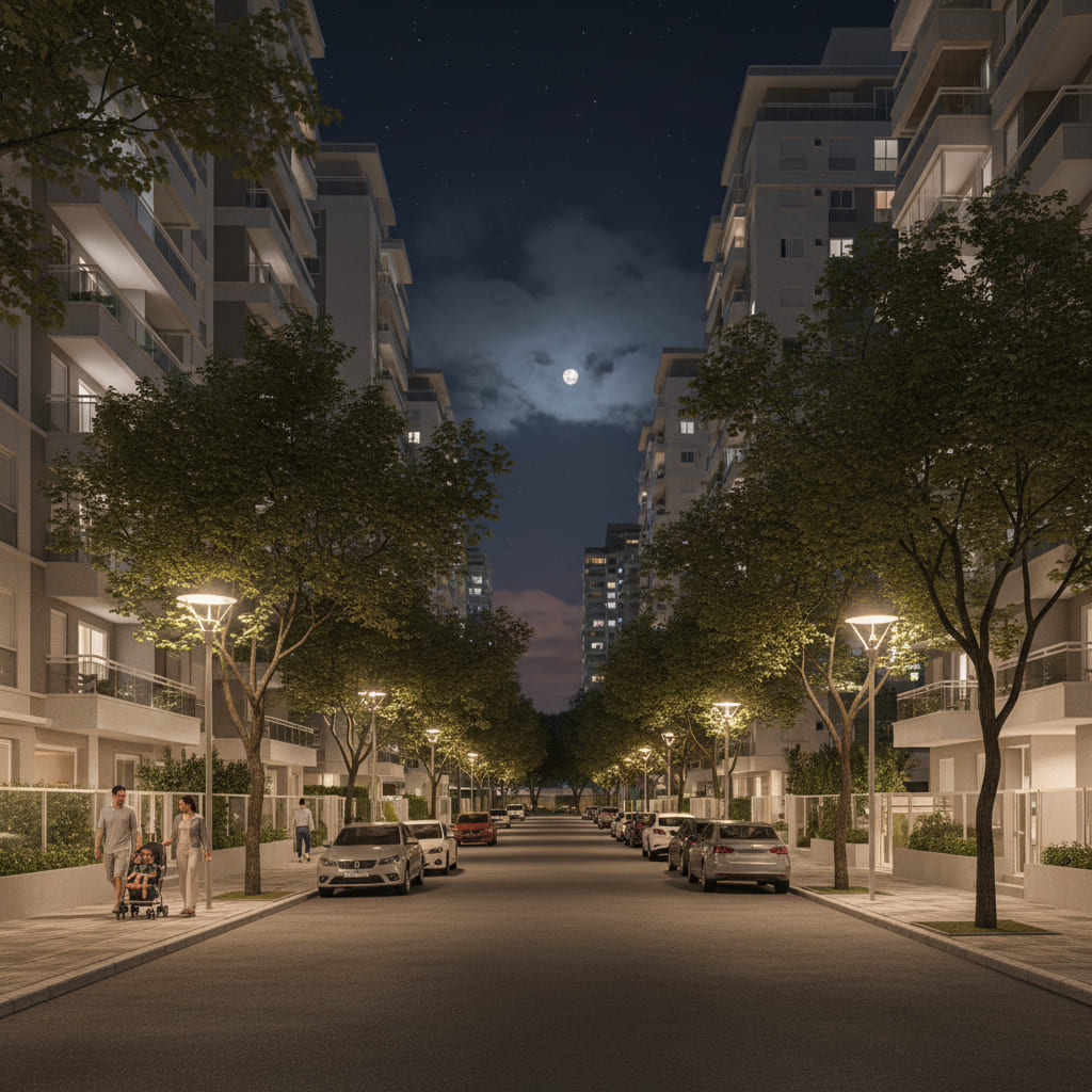 Condomínios e prédios residenciais modernos na Gleba Palhano, Londrina, em uma tarde ensolarada