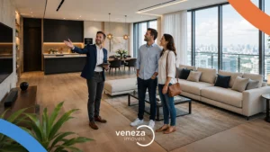 Corretor de imóveis apresenta um apartamento com vista da cidade a um casal